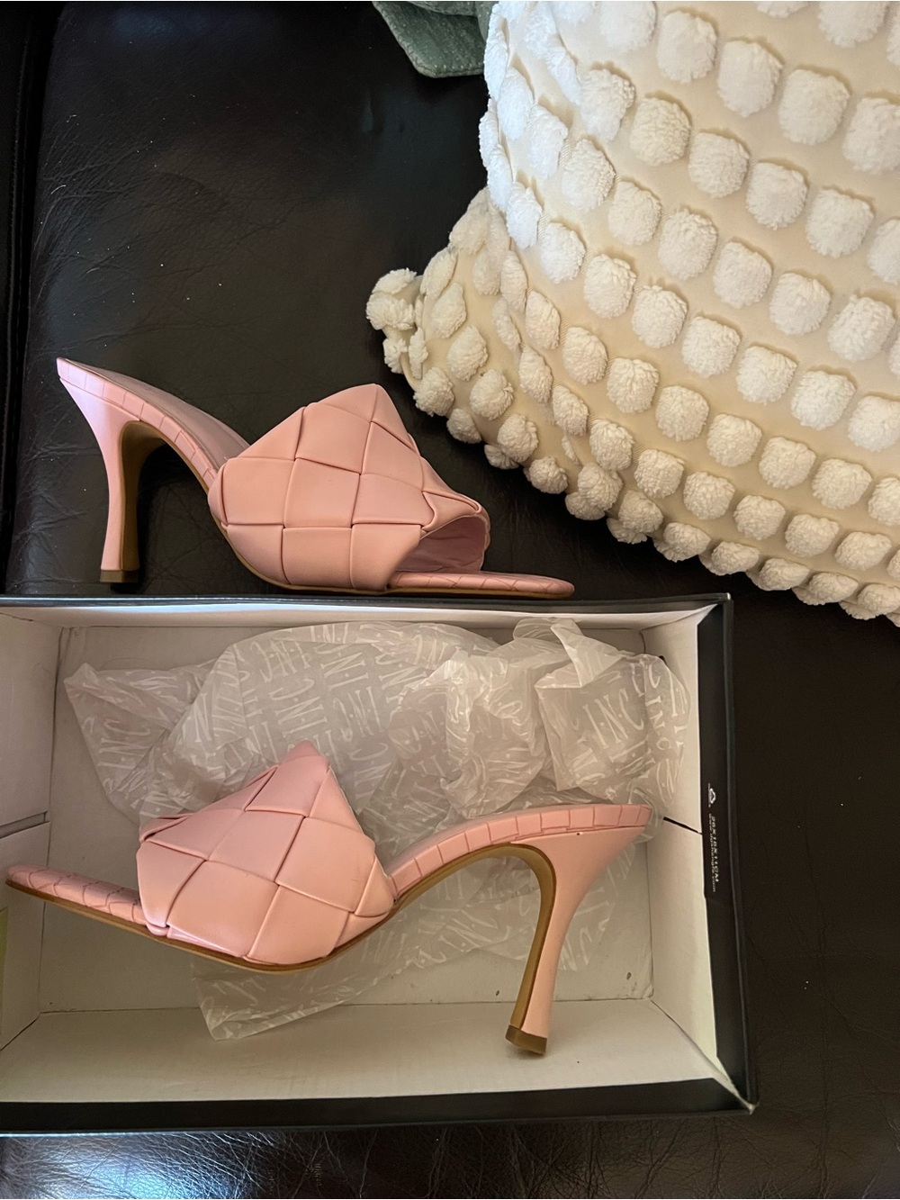INC International Concepts Pink Woven Leather-Effect Heeled Mules